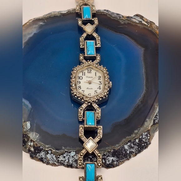 Xanadu Quartz Japan Movement Faux Turquoise & Marcasite Vintage Watch - Picture 7 of 13